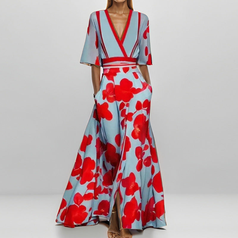 Slim V-Neck Printed Dress