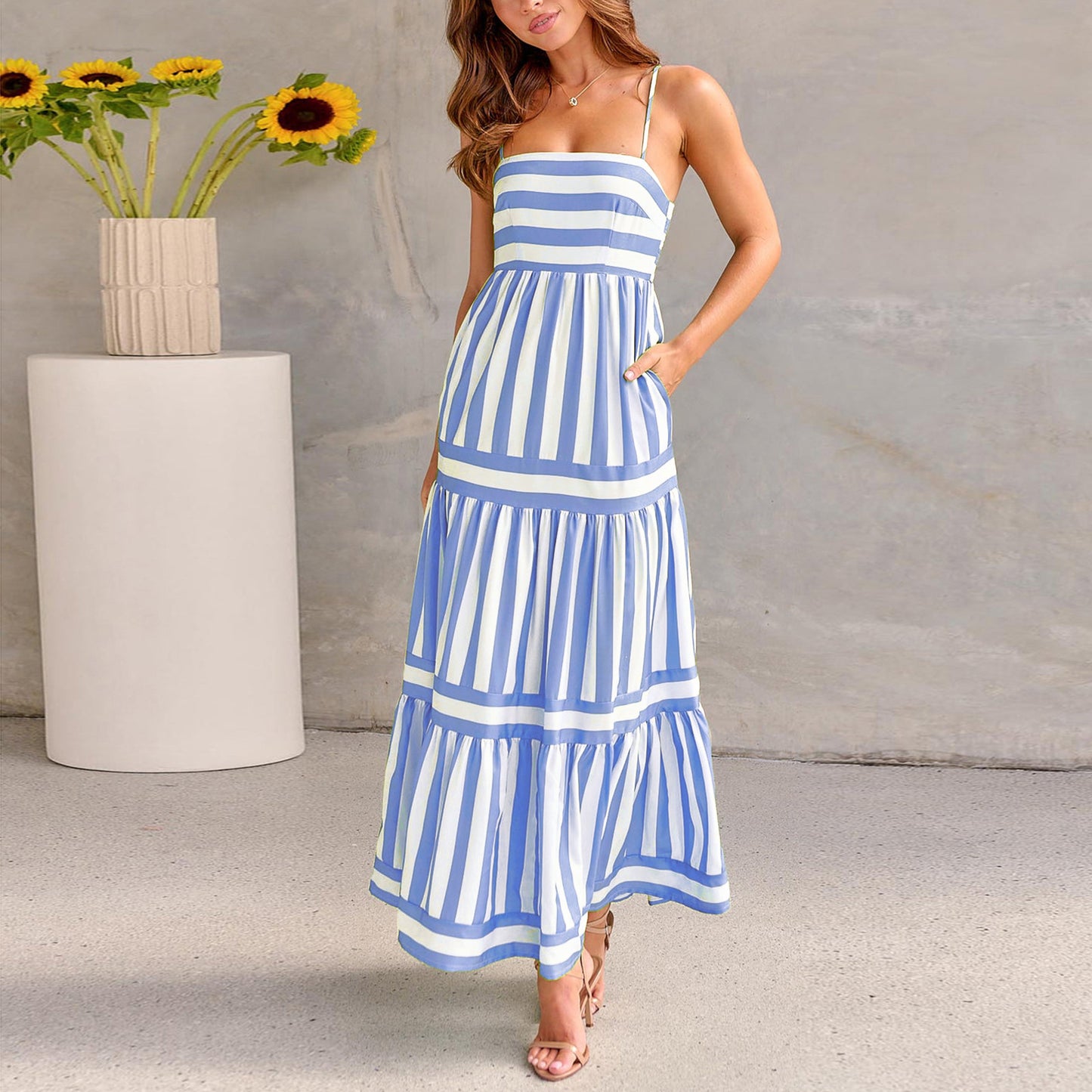 Summer Striped Printed Suspender Long Dress With Pockets Fashion Backless Dresses For Beach