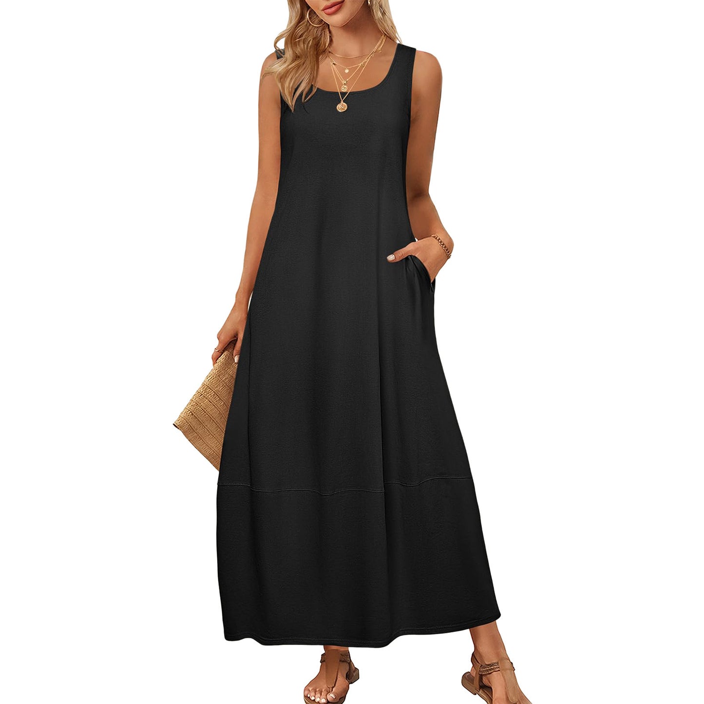 Solid Color Pocket Sleeveless Casual Holiday Dress