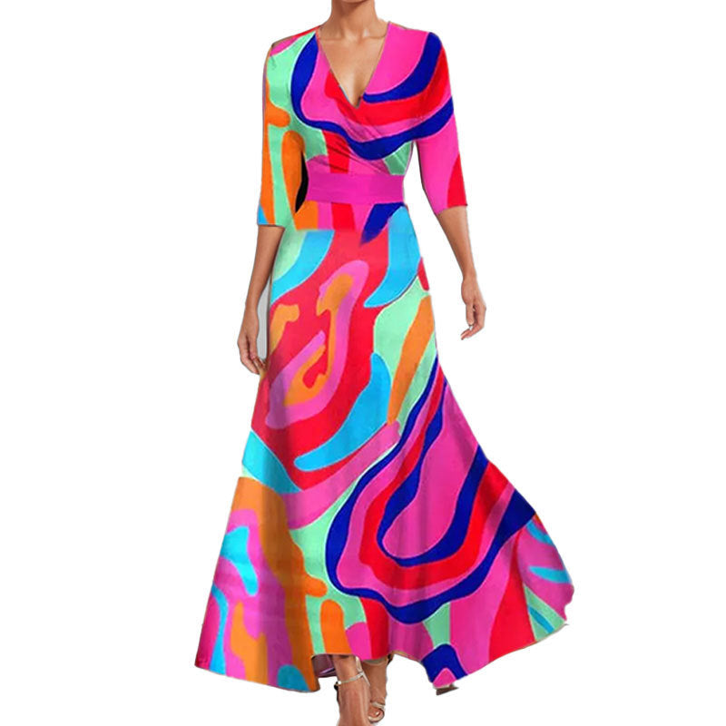 Slim V-Neck Printed Dress