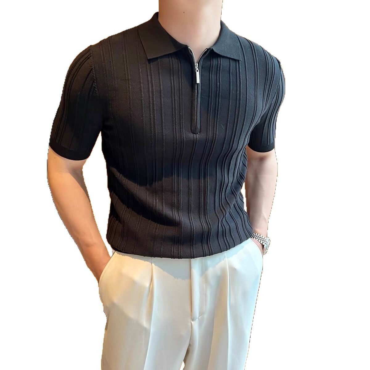 Men's Retro Jacquard Zipper Polo Shirt