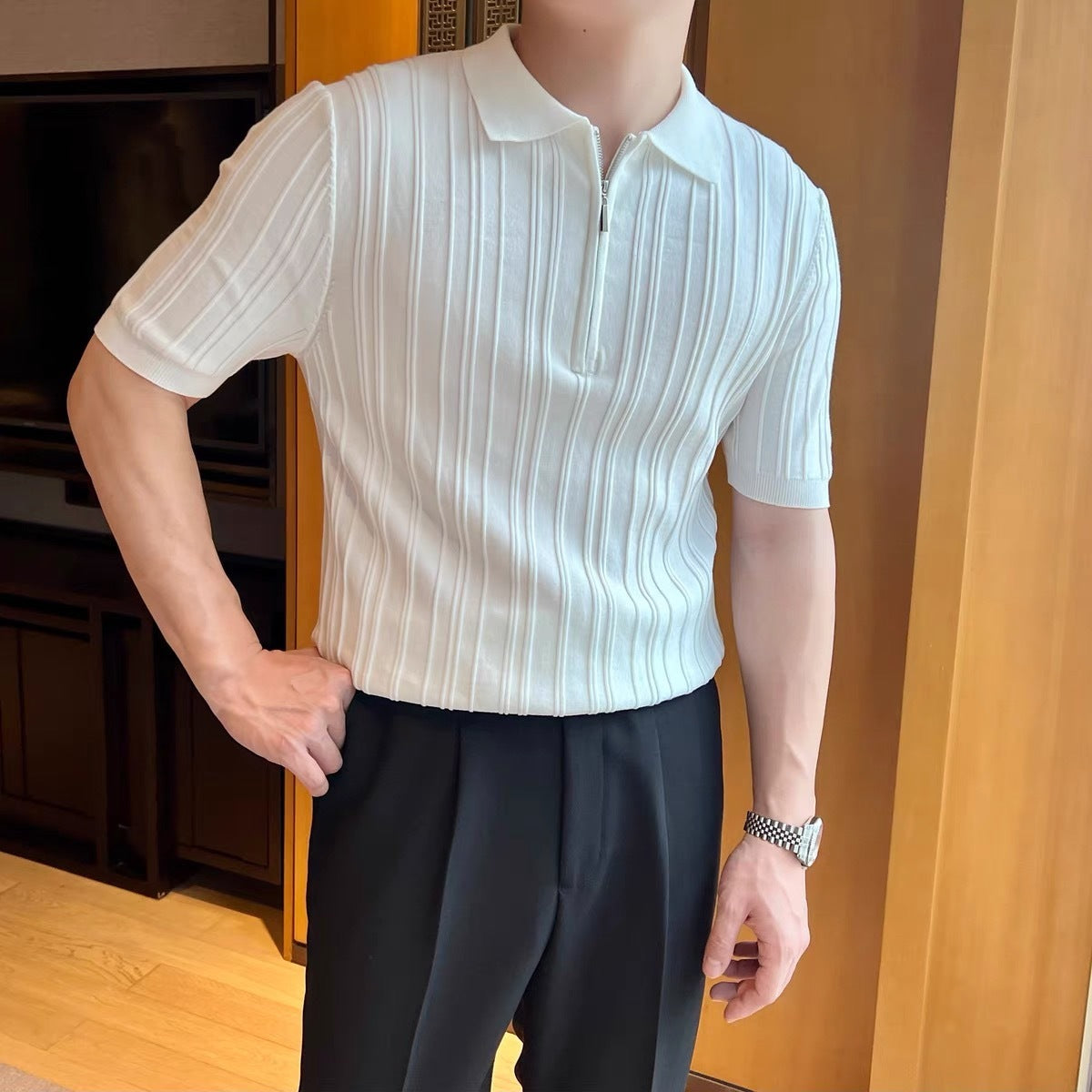 Men's Retro Jacquard Zipper Polo Shirt