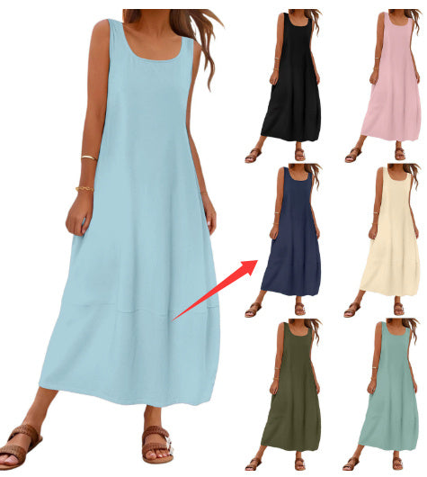 Solid Color Pocket Sleeveless Casual Holiday Dress