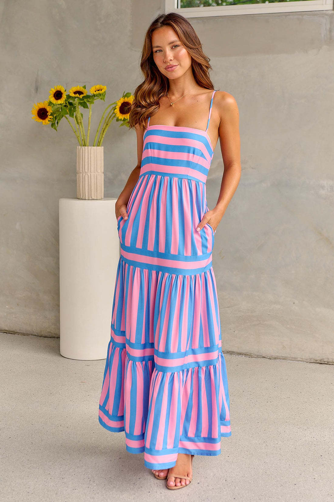 Summer Striped Printed Suspender Long Dress With Pockets Fashion Backless Dresses For Beach