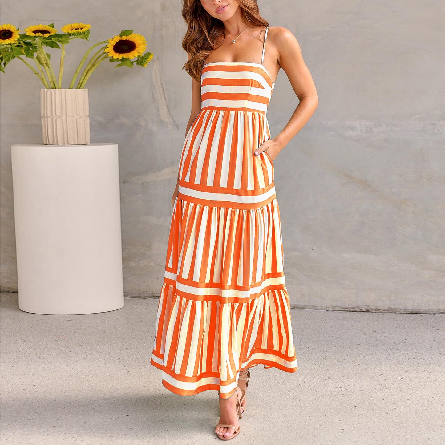 Summer Striped Printed Suspender Long Dress With Pockets Fashion Backless Dresses For Beach