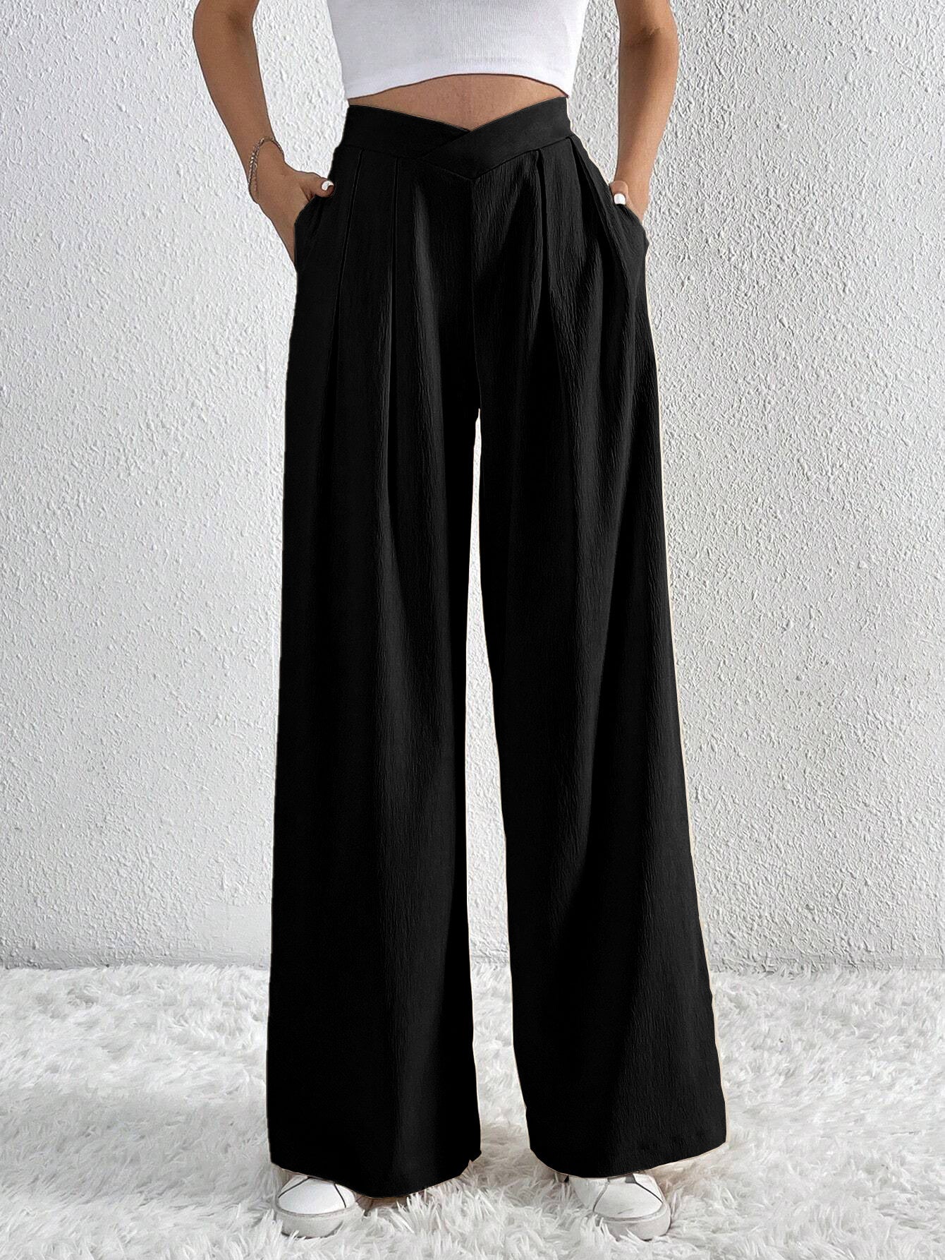 Women's Solid Pleated Wide-Leg Pants – Casual Loose Trousers