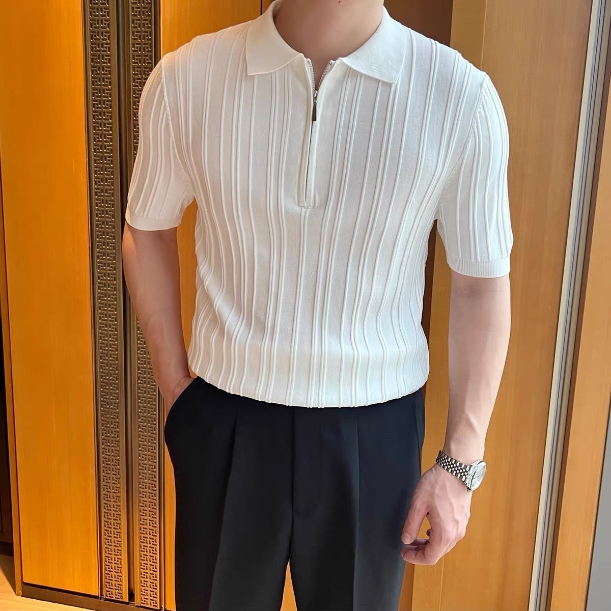Men's Retro Jacquard Zipper Polo Shirt