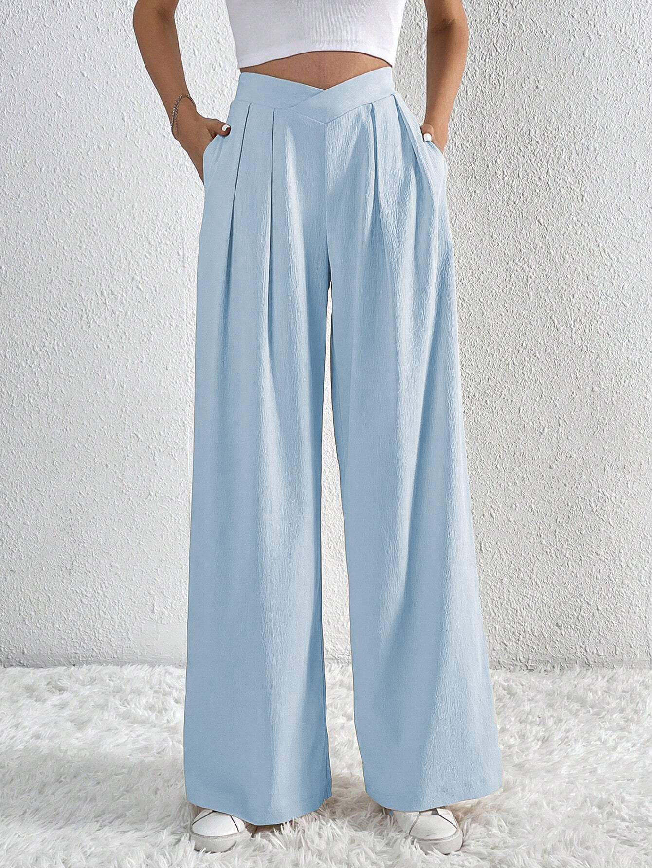 Women's Solid Pleated Wide-Leg Pants – Casual Loose Trousers