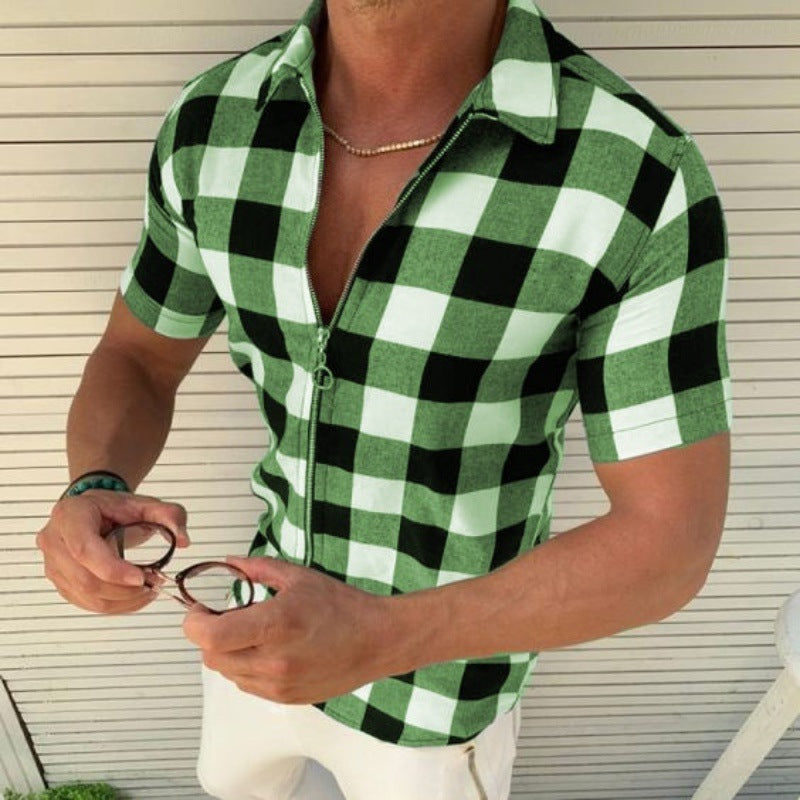Plaid T Shirt Mens Zipper Short Sleeve Shirts