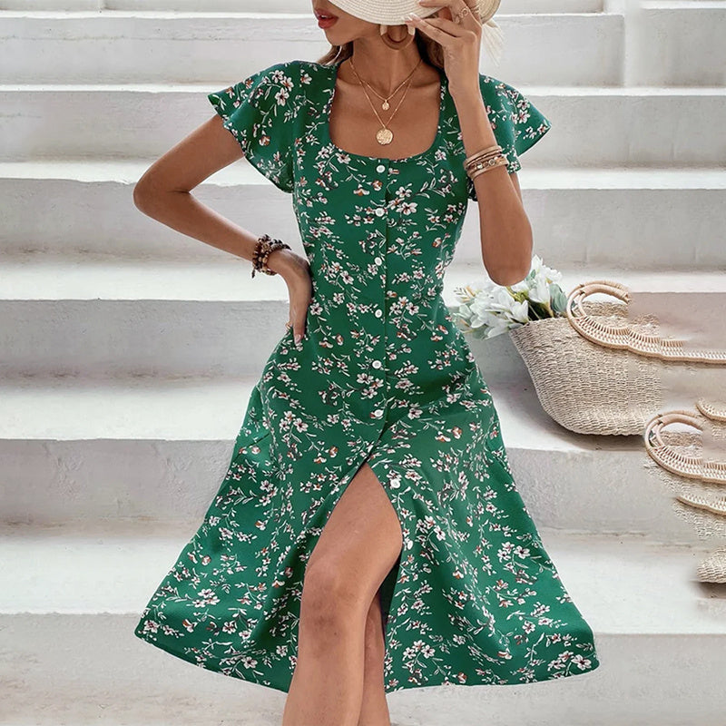Summer Floral Print Maxi Dress Women Beach Party Dresses