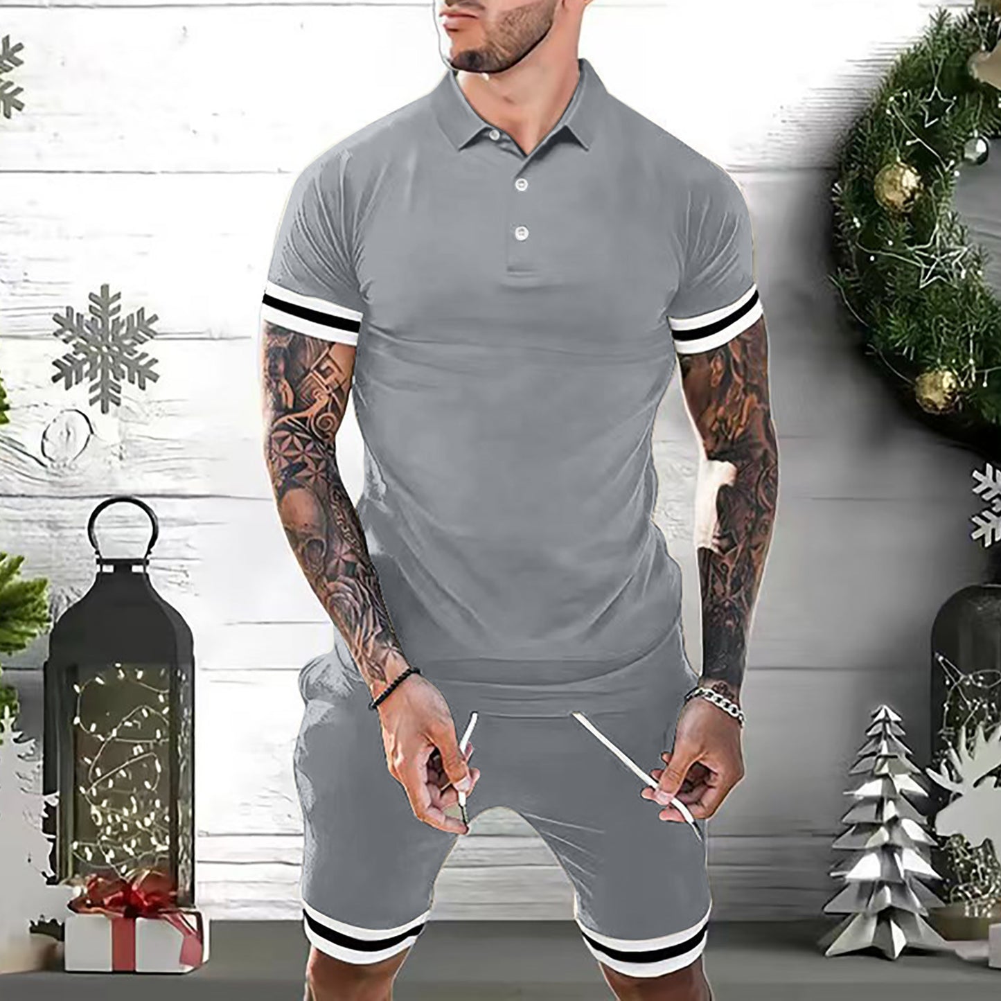 Mens Short Sets 2 Piece Outfits Polo Shirt Fashion Summer