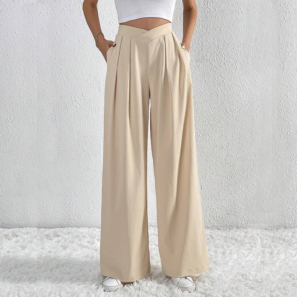 Women's Solid Pleated Wide-Leg Pants – Casual Loose Trousers