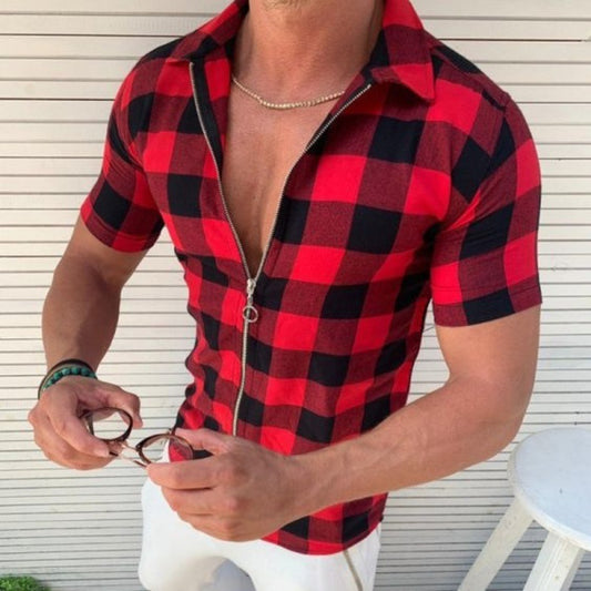 Plaid T Shirt Mens Zipper Short Sleeve Shirts