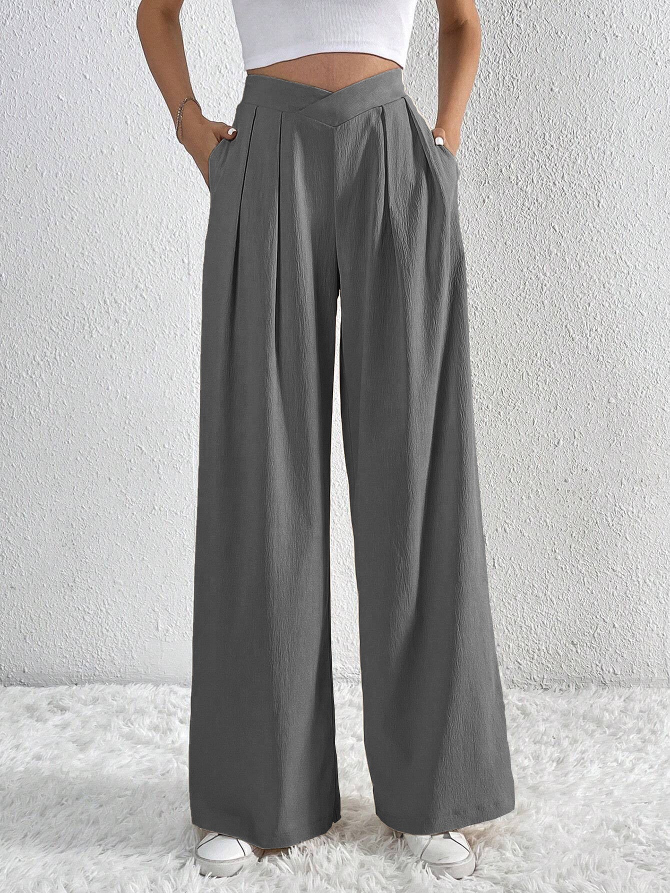 Women's Solid Pleated Wide-Leg Pants – Casual Loose Trousers
