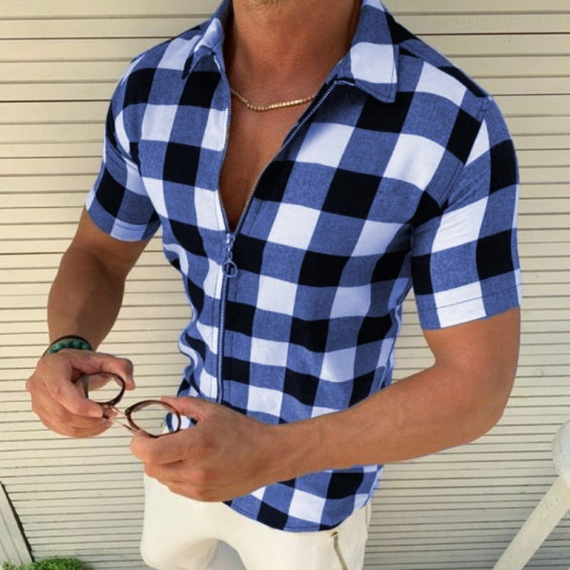 Plaid T Shirt Mens Zipper Short Sleeve Shirts