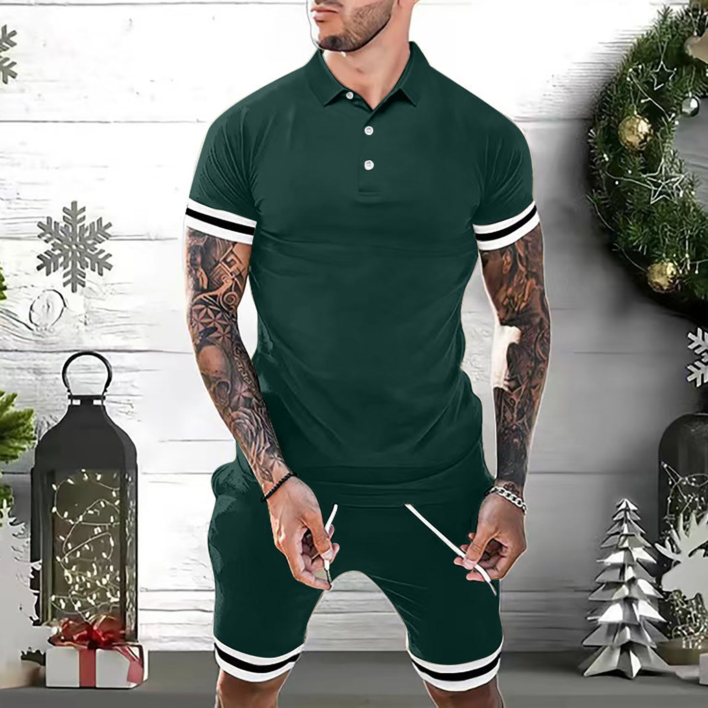 Mens Short Sets 2 Piece Outfits Polo Shirt Fashion Summer