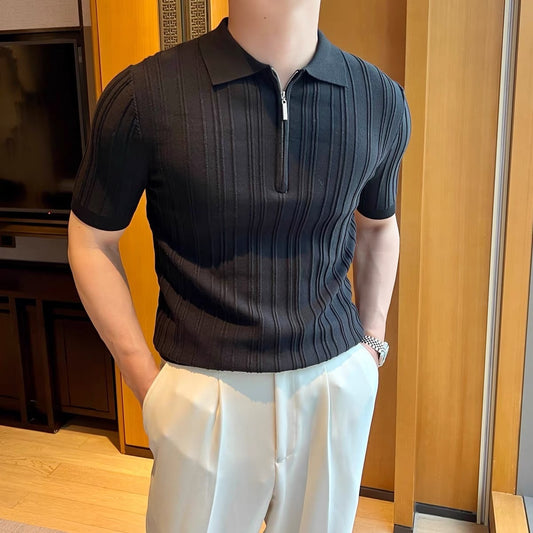 Men's Retro Jacquard Zipper Polo Shirt
