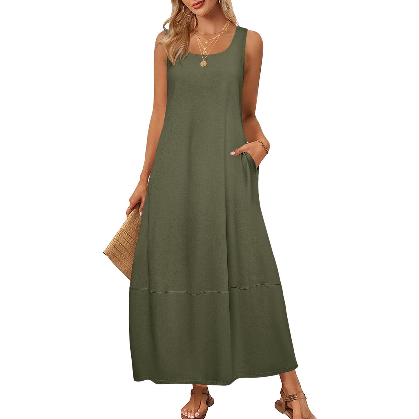 Solid Color Pocket Sleeveless Casual Holiday Dress