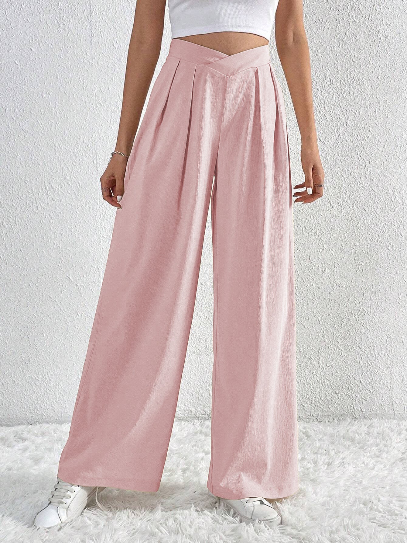 Women's Solid Pleated Wide-Leg Pants – Casual Loose Trousers