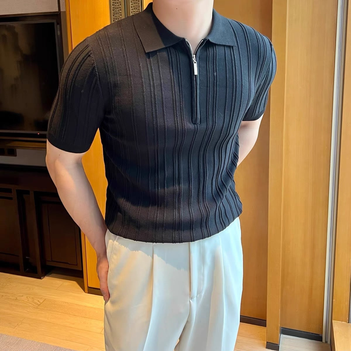 Men's Retro Jacquard Zipper Polo Shirt