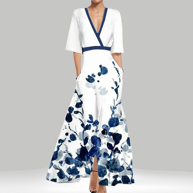Slim V-Neck Printed Dress