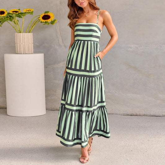 Summer Striped Printed Suspender Long Dress With Pockets Fashion Backless Dresses For Beach