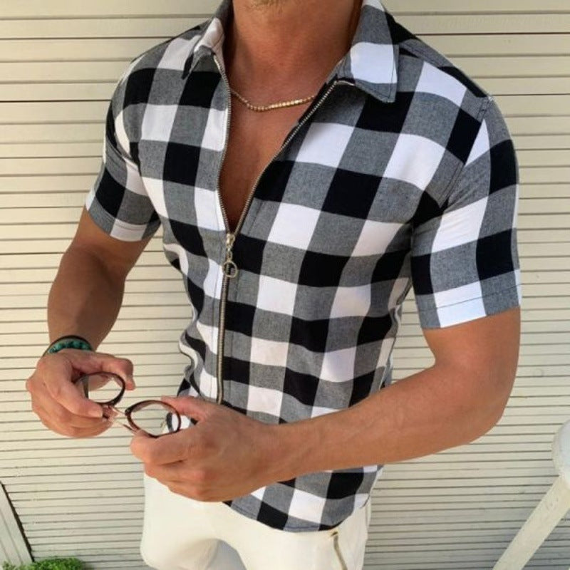 Plaid T Shirt Mens Zipper Short Sleeve Shirts